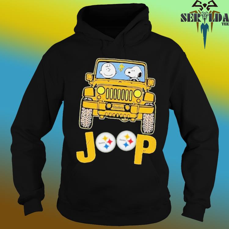 Peanuts charlie brown snoopy and Woodstock jeep Pittsburgh steelers shirt,  hoodie, sweater, long sleeve and tank top